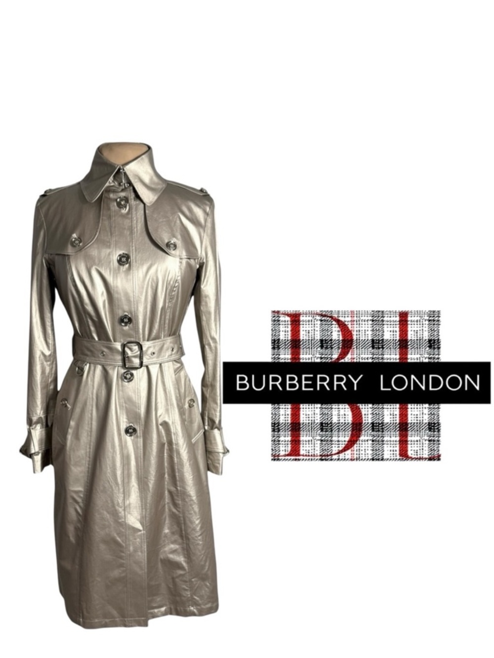 Burberry London Baldwin Metallic Trench Coat Champagne Muted Silver Gold US 6